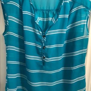 George 1X16W Fresh Teal White Stripes Sleeveless V-Neck Sheer Top/Blouse/Tunic